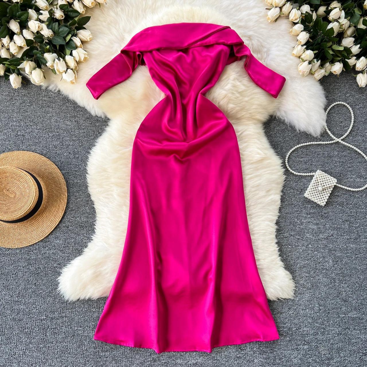 sheath evening dresses Fuchsia Strapless evening gown with thigh slit