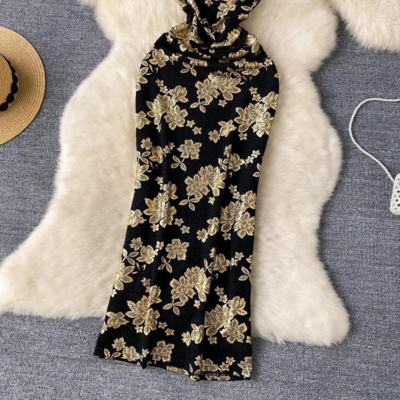 Elegant Black And Gold Floral Maxi Dress on Luulla