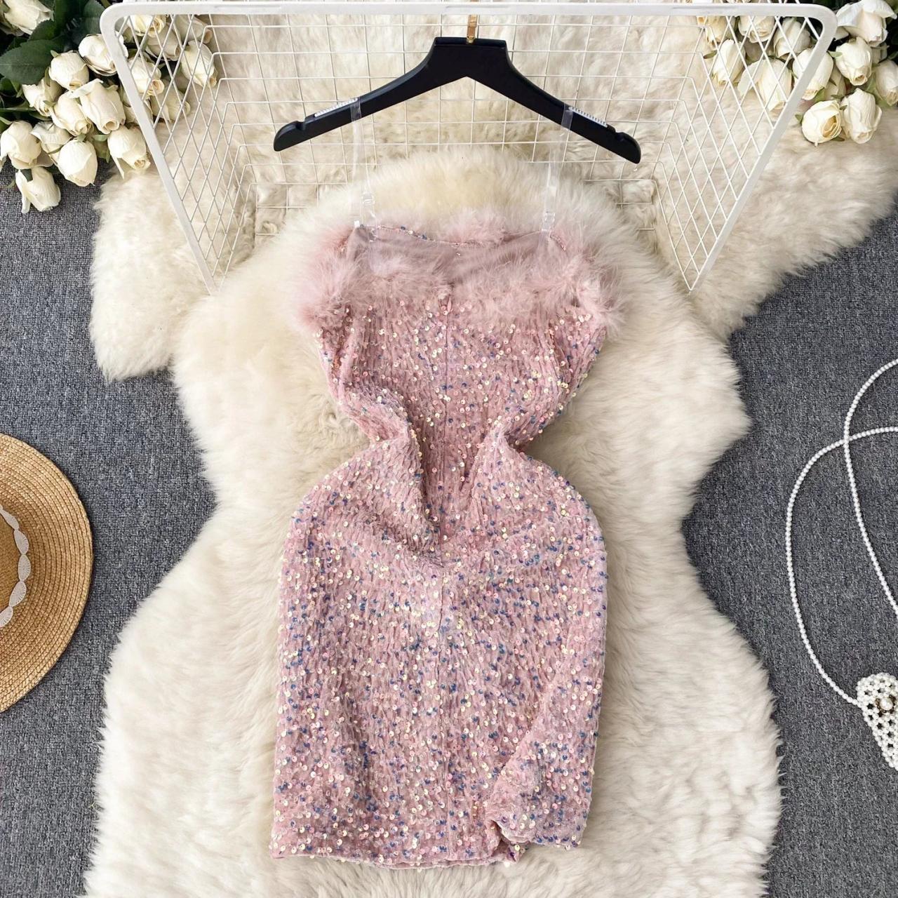 pink sequin dress with feathers Girlie Pink Sequin Feather Mini Dress