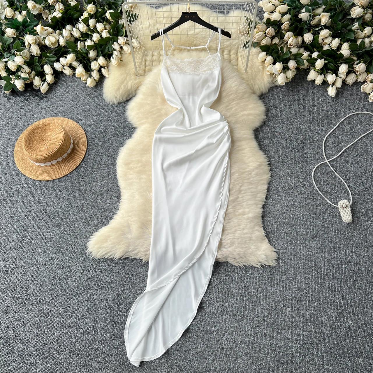 Elegant White Satin Spaghetti Strap Dress on Luulla
