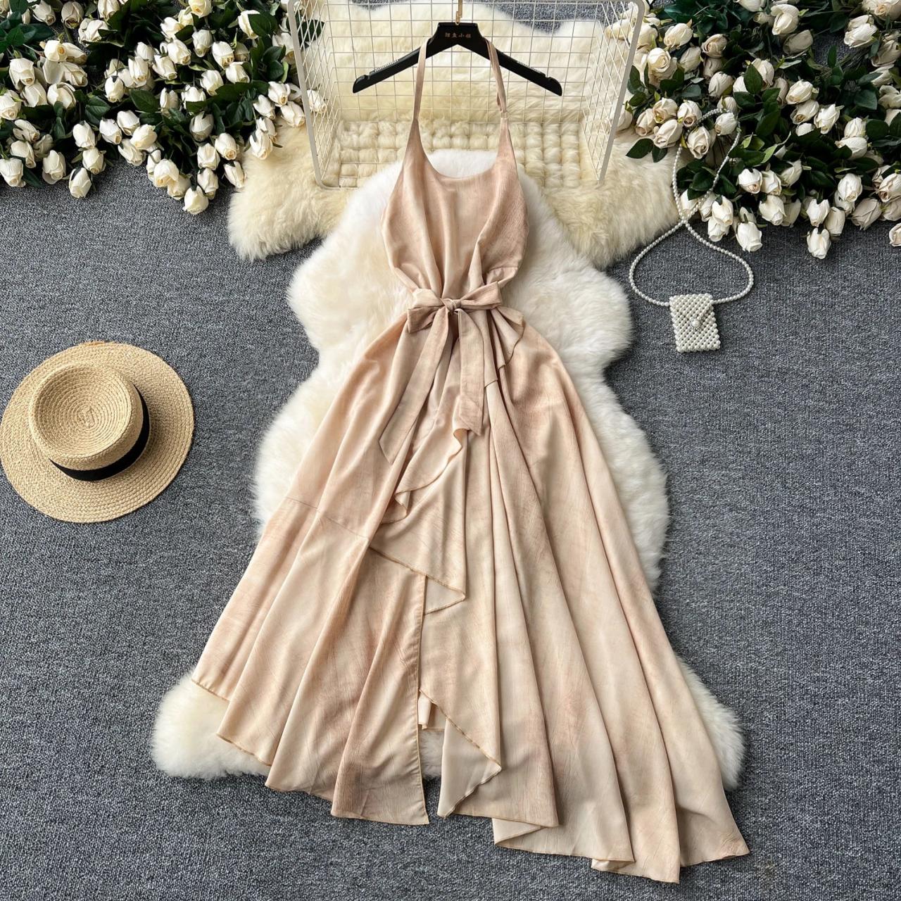 blue dress for baby girl Beige Halter Neck Polka Dot Ruffle Maxi Dress