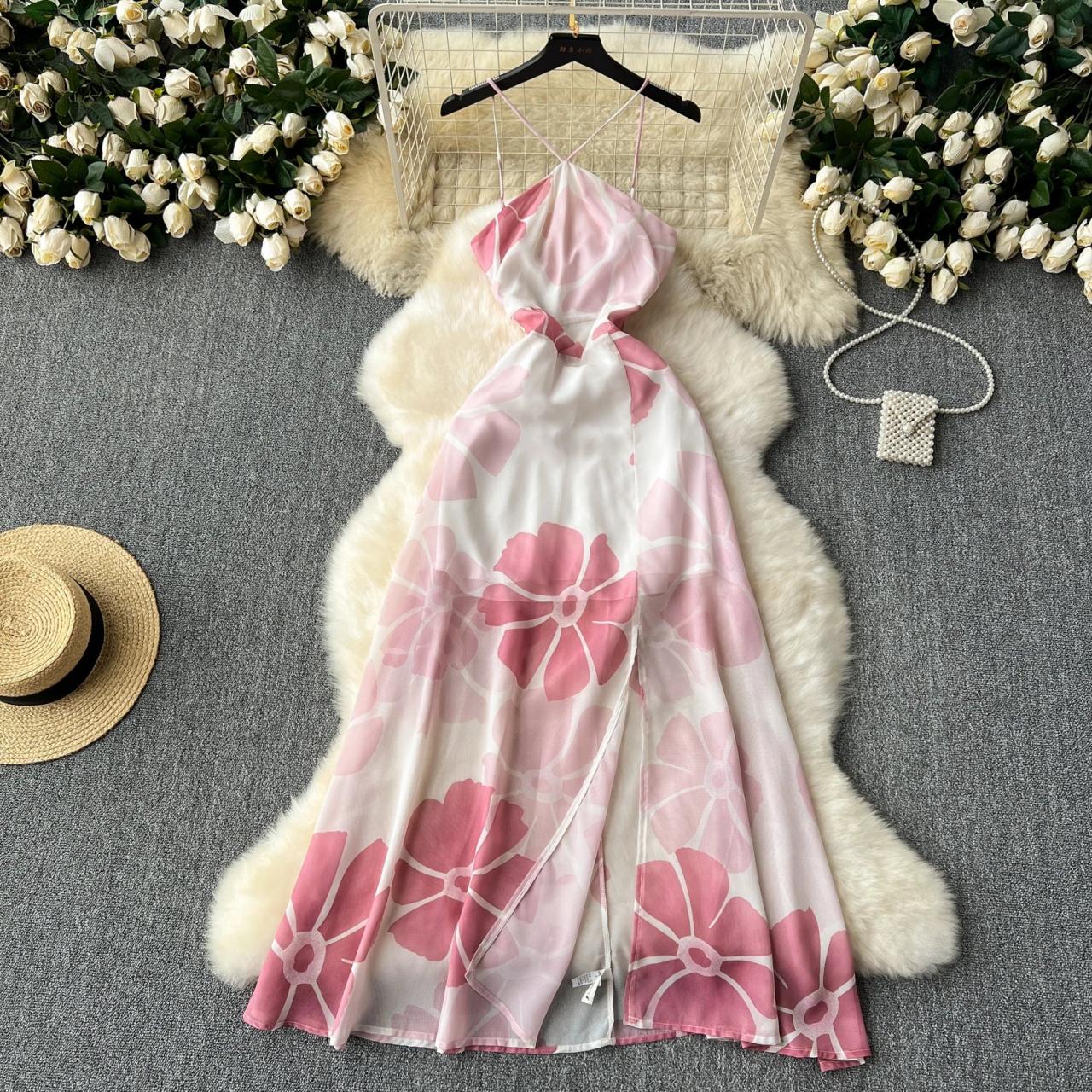 Floral Spaghetti Strap Halter Neck Maxi Dress