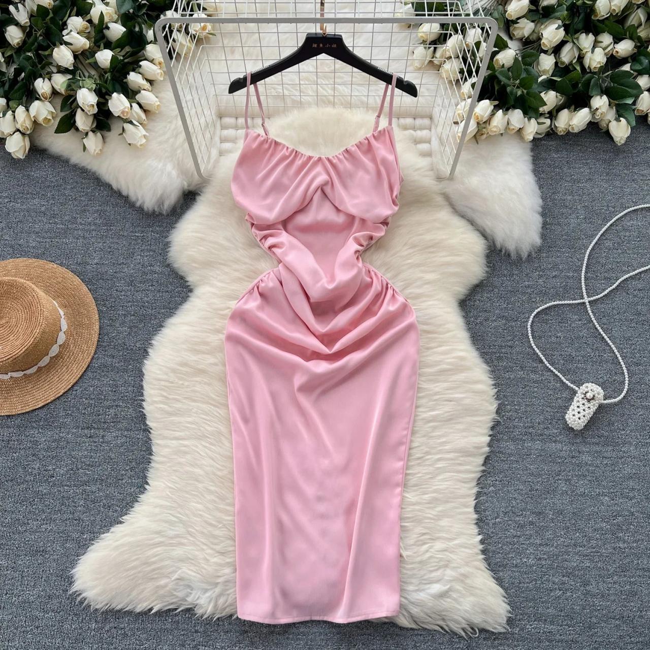 Elegant Pink Satin Midi Slip Dress on Luulla 