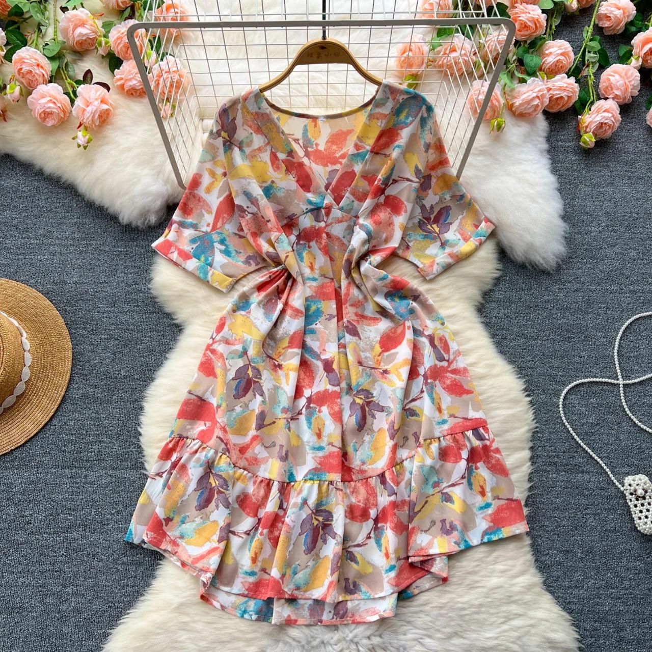 Floral Multicolor Print Summer Short Sleeve Dress