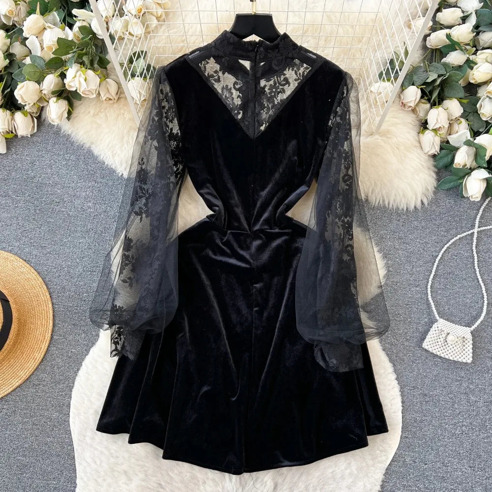 Lace Collar Elegant Velvet Dress