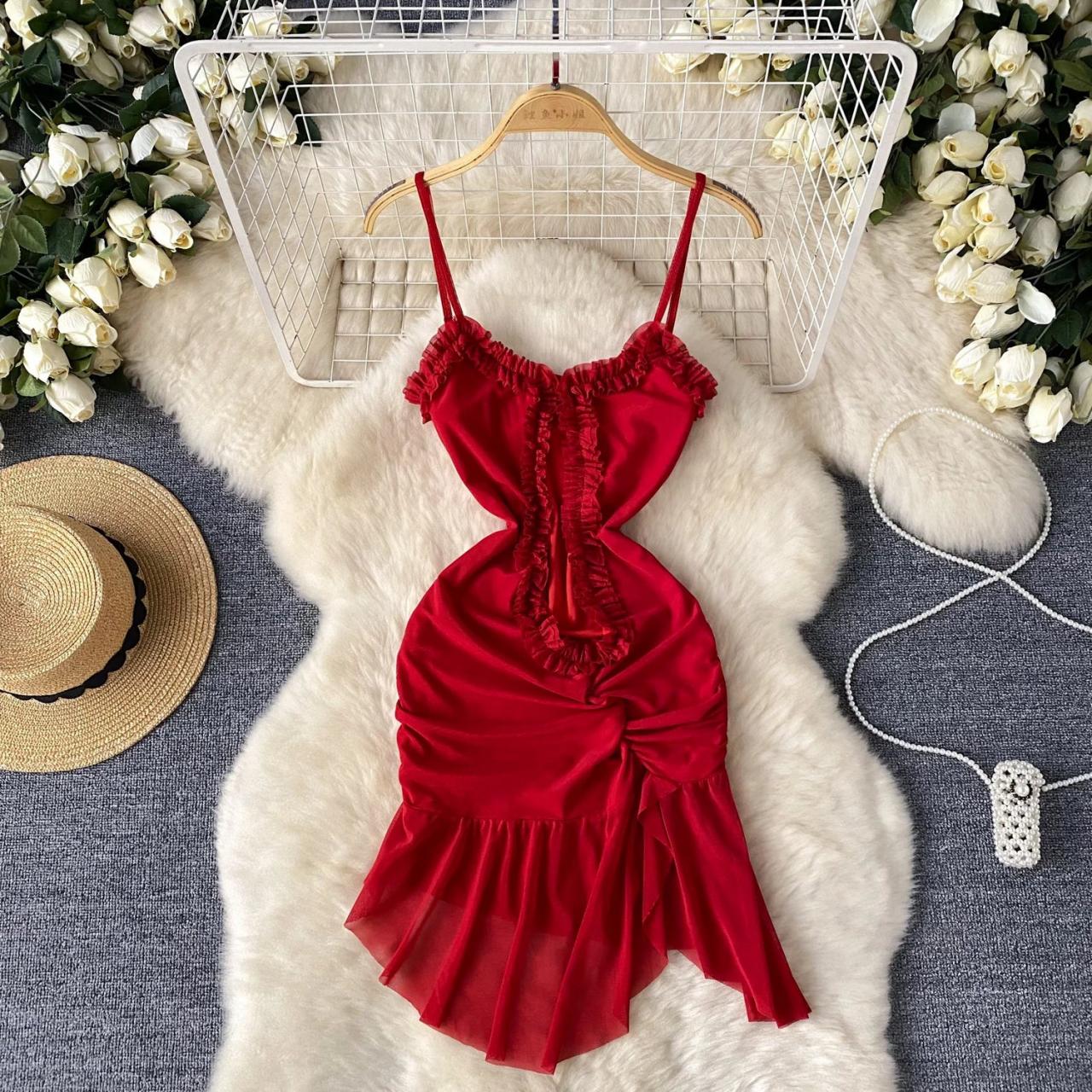 Heartwait Ruffled Satin Dress with Adjustable Straps