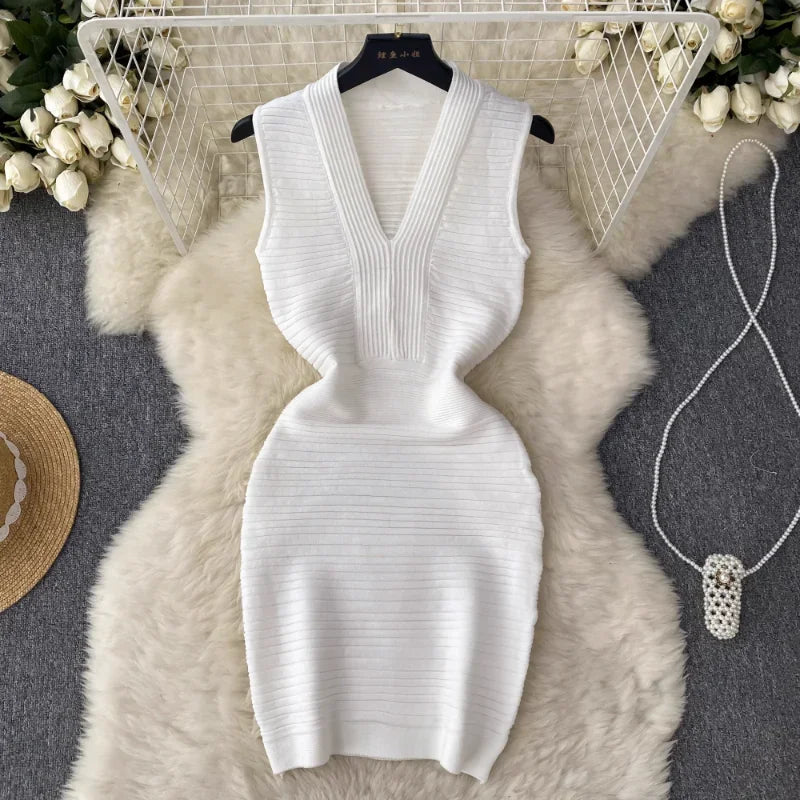 Sleeveless Ribbed Knit White Bodycon Mini Dress