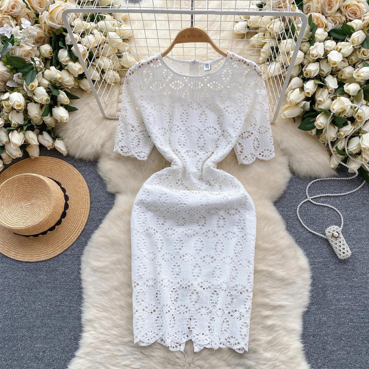 Elegant White Lace Floral Midi Dress