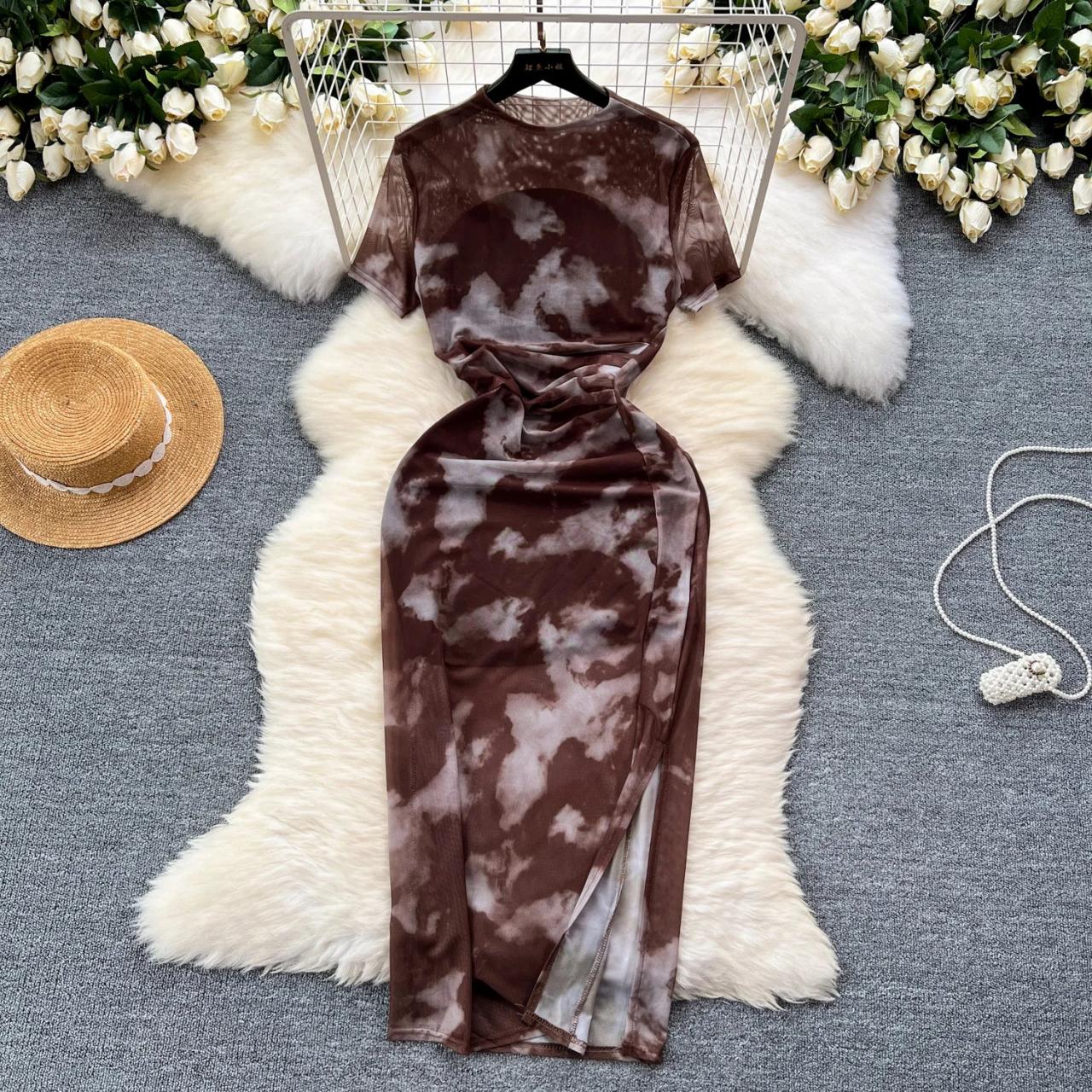 fitted lace wedding dress Tie Dye Black Mesh Ruched Split Maxi Dress – Love Stitches Boutique main image 1