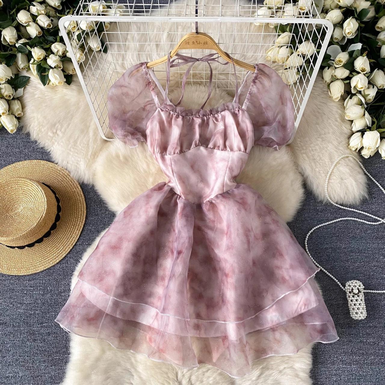 open lace back dress Puff Sleeve Pink Poplin Mini Dress S main image 0