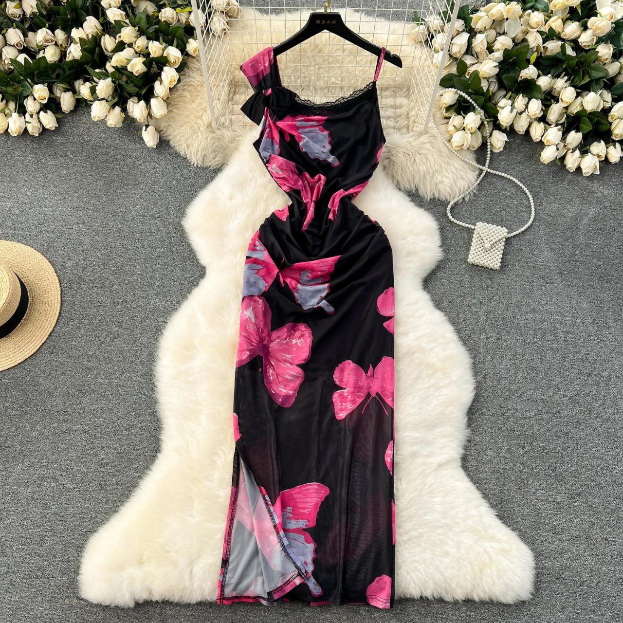 strapless open back dress Black and Fuchsia Floral Maxi Dress with Slits
