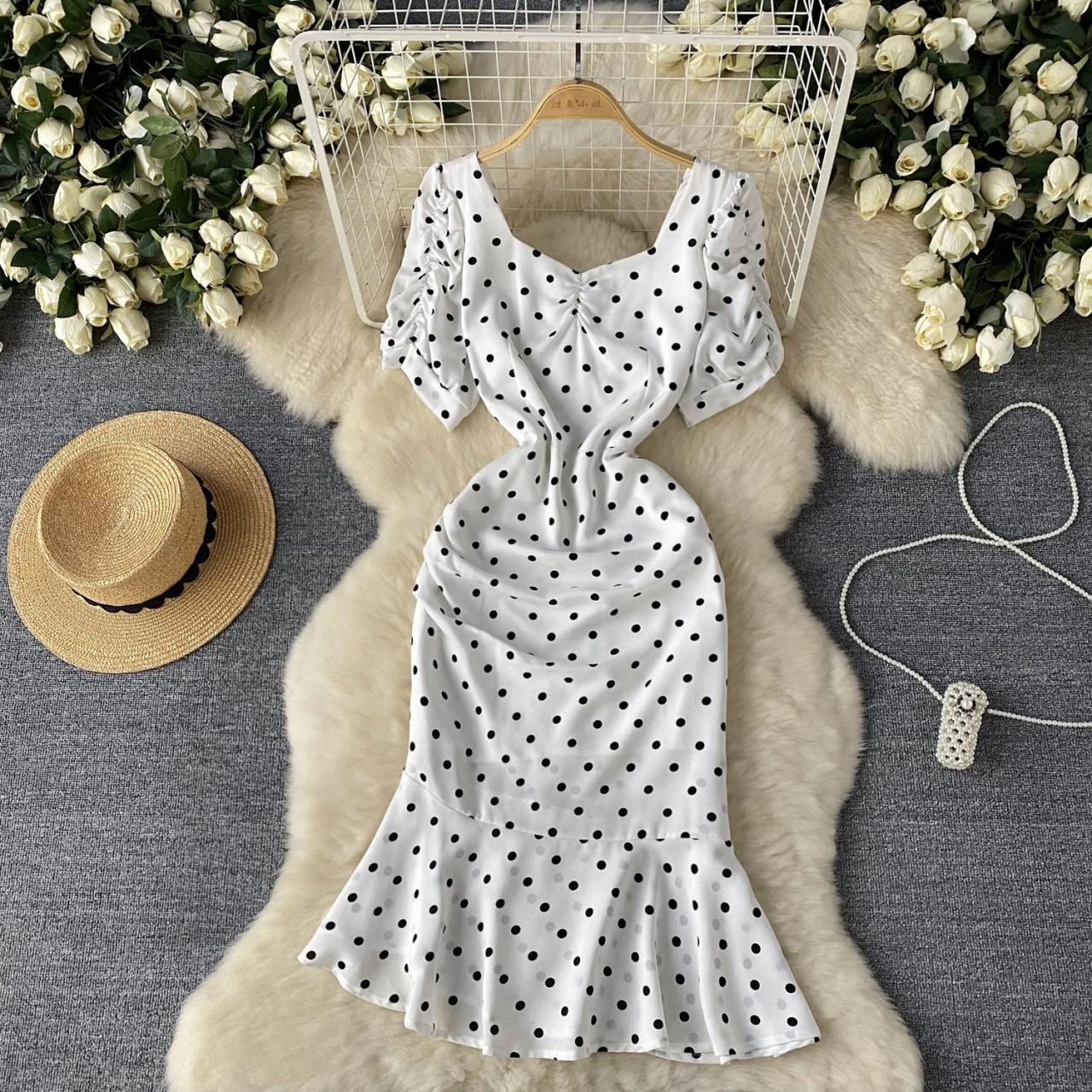White Polka Dot Midi Dress with Ruffles