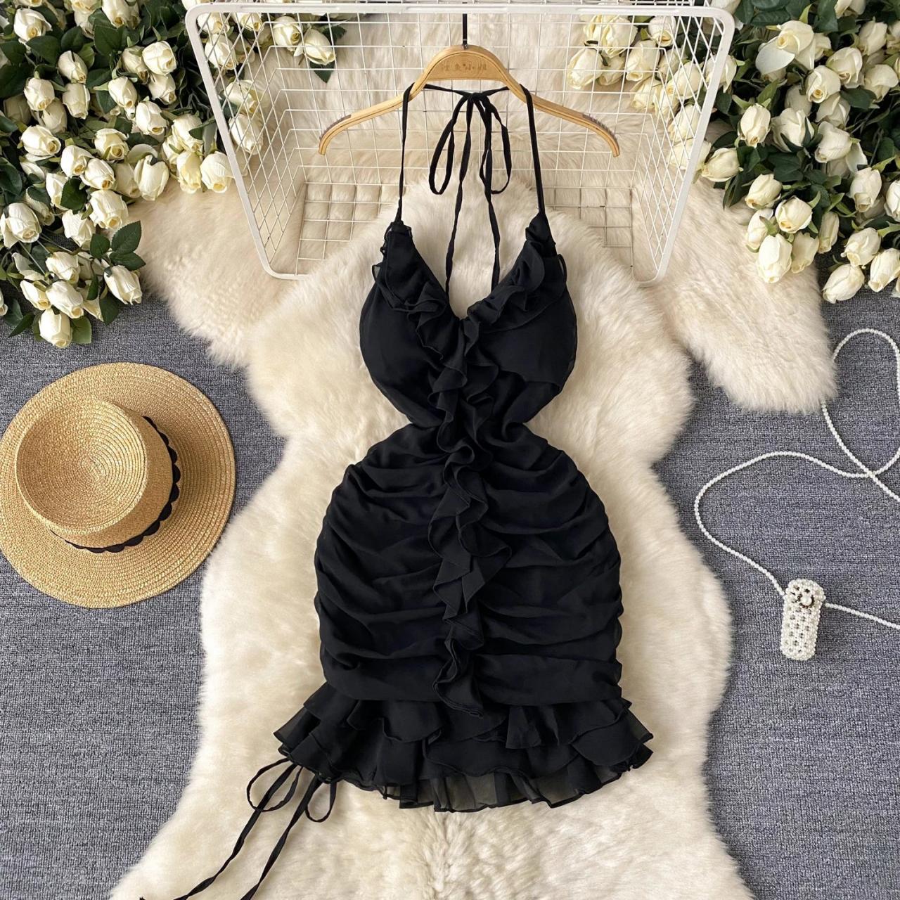 Black Ruffled Halter Neck Mini Dress Chic on Luulla