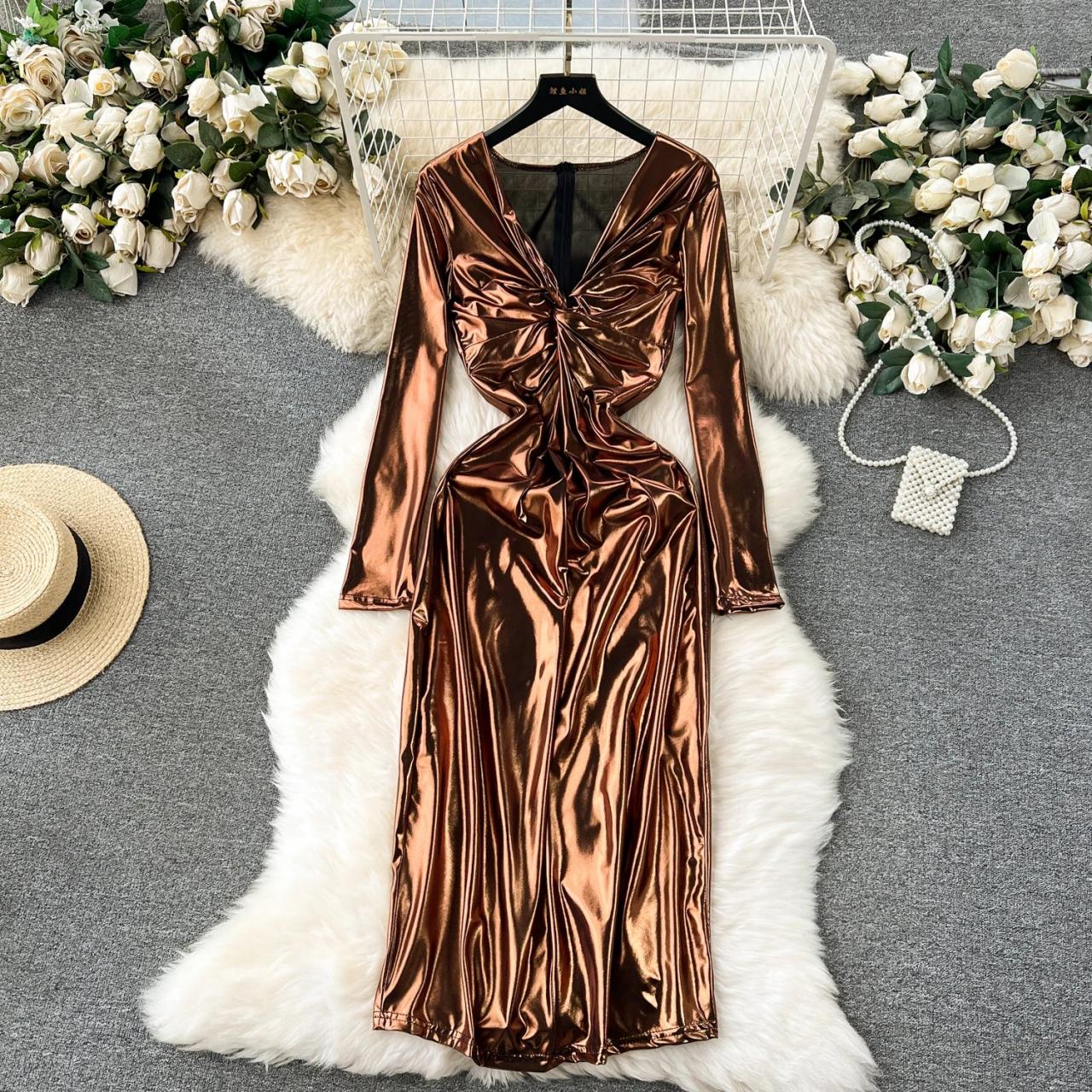 green emerald velvet dress Metallic Crinkled Mesh Draped Long Gown In Light Gold-Light Gold / Regular  / 0 main image 1