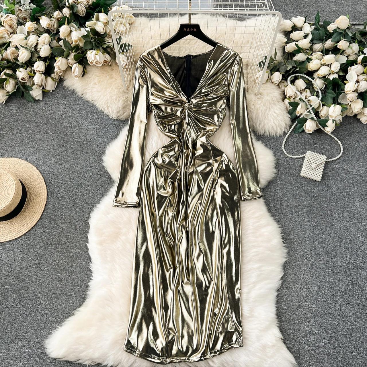 green emerald velvet dress Mac Duggal Women's Metallic Jersey Long Sleeve Gown with Bow