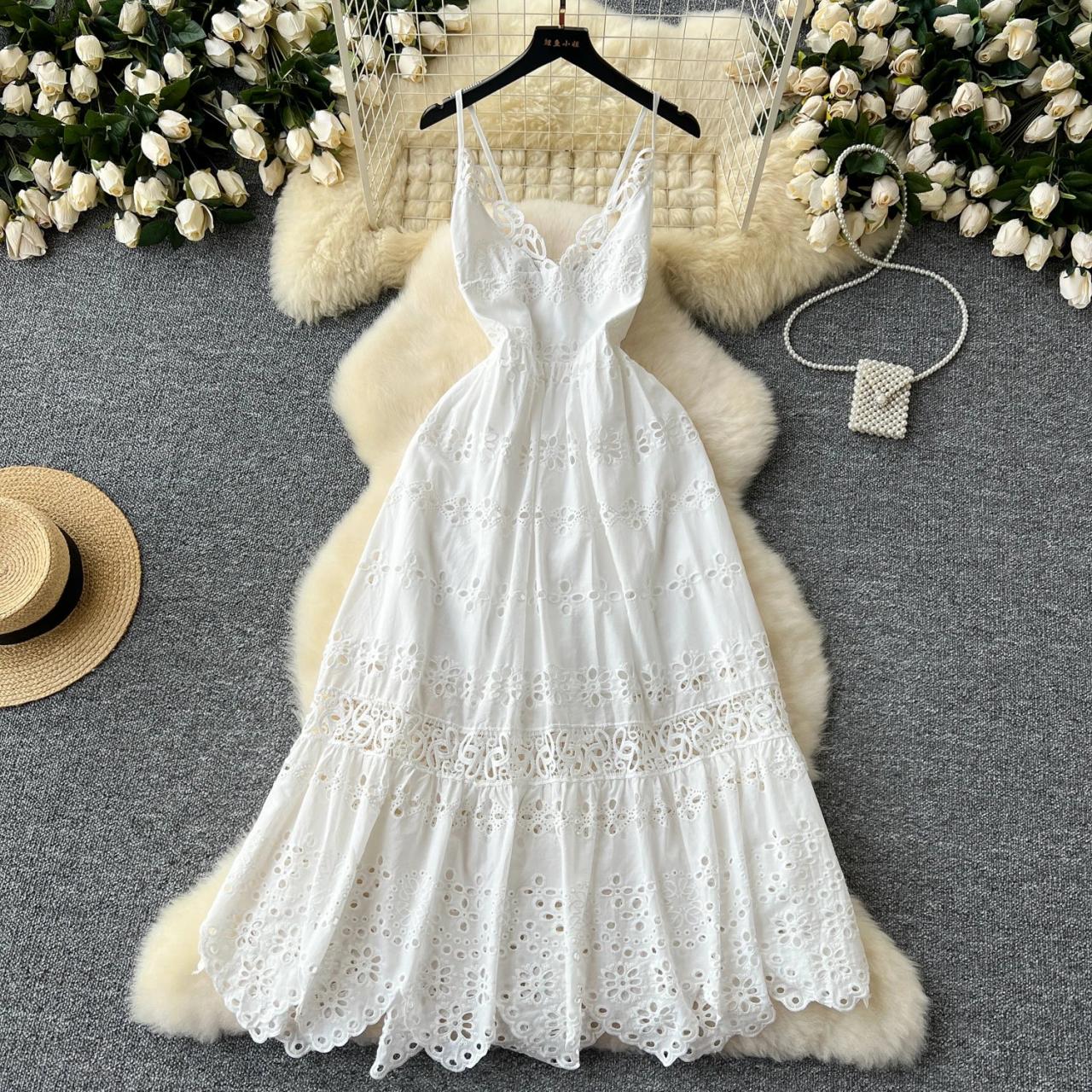 chinese dress ladies Women Dresses Lace Dress Flare Sleeve V-neck Hollow Out Long Sleeve White  Sexy Long Dresses Party Evening main image 1