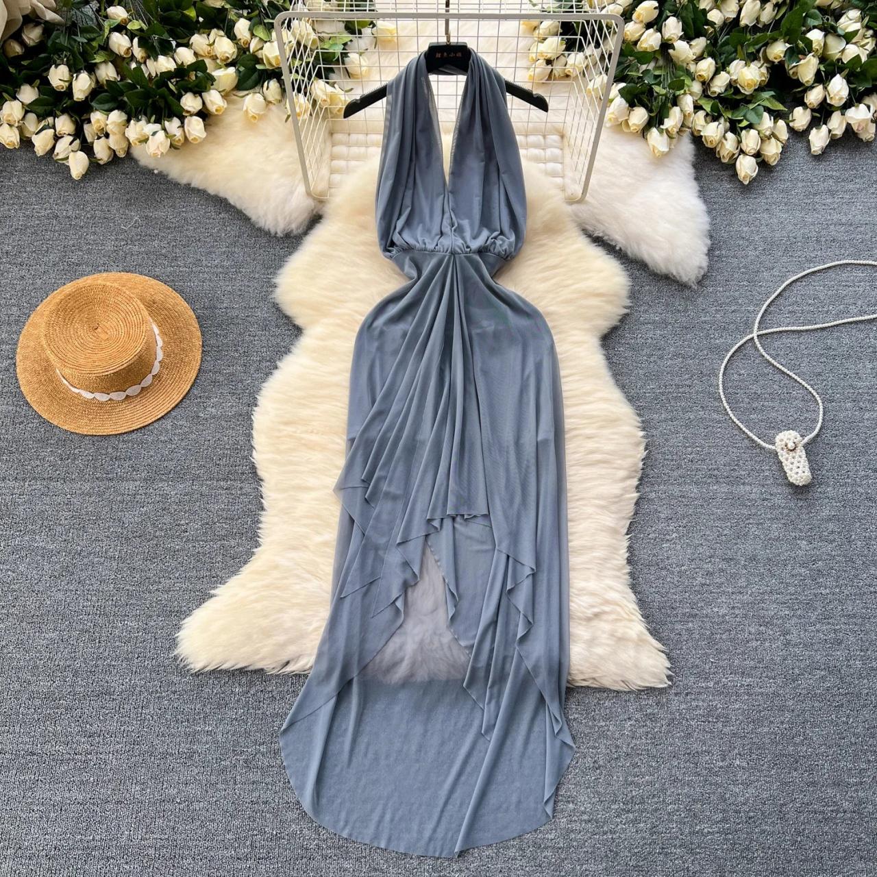 Elegant Halter Neck Flowy Evening Maxi Dress on Luulla