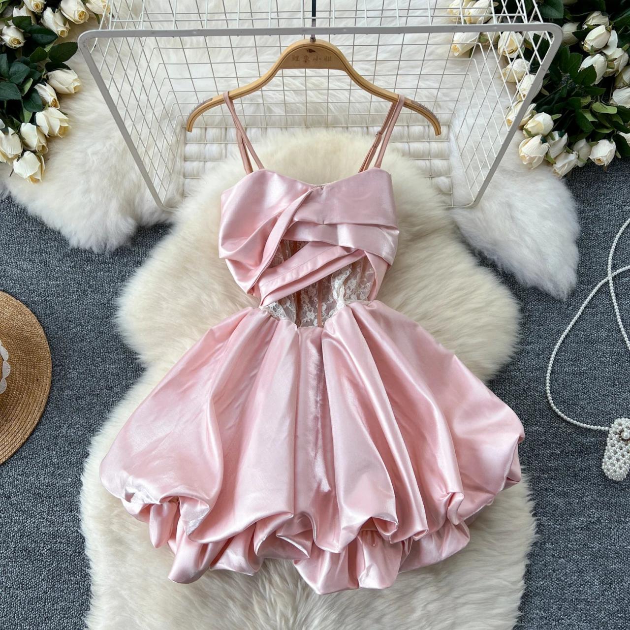 bubble holiday dress Sugarlips Loraine Bubble One Shoulder Puff Sleeve Pleated Mini A-Line Dress, Womens, XS, Fuchsia main image 1