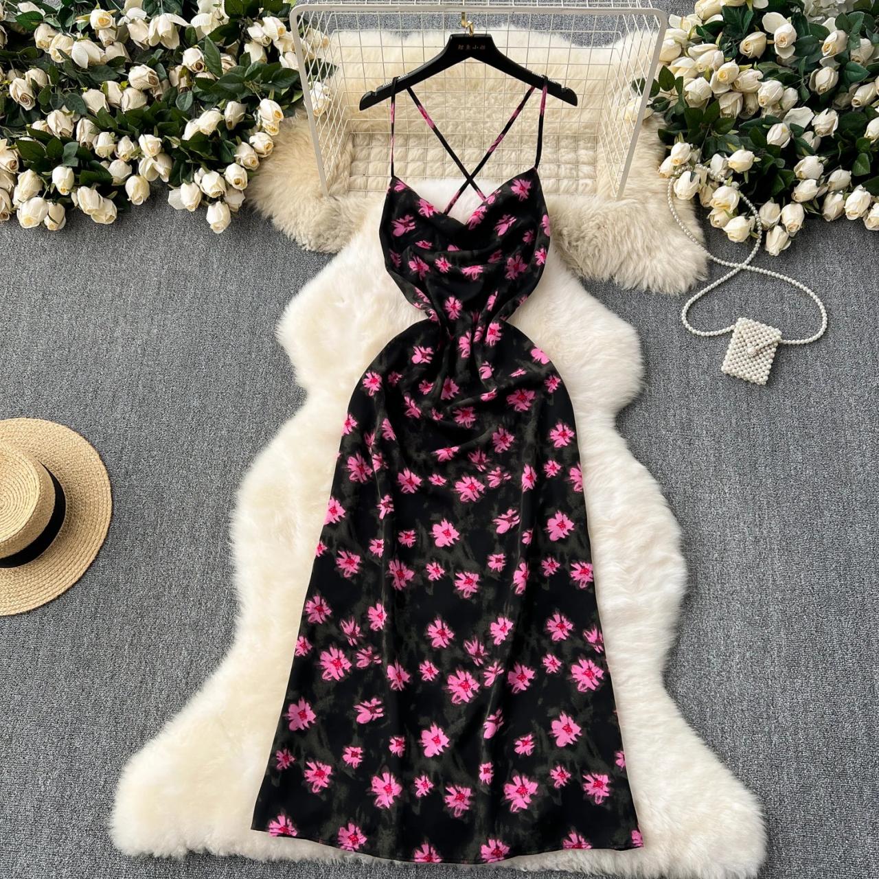 Floral Black Satin Spaghetti Strap Midi Dress