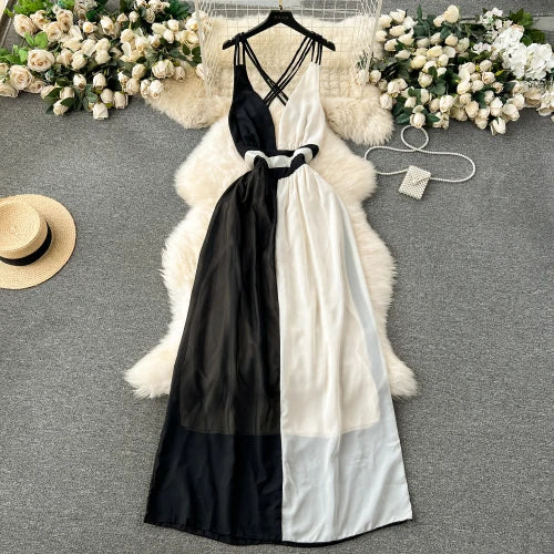 black and white color block maxi dress Color Block Spaghetti Strap Long Dress