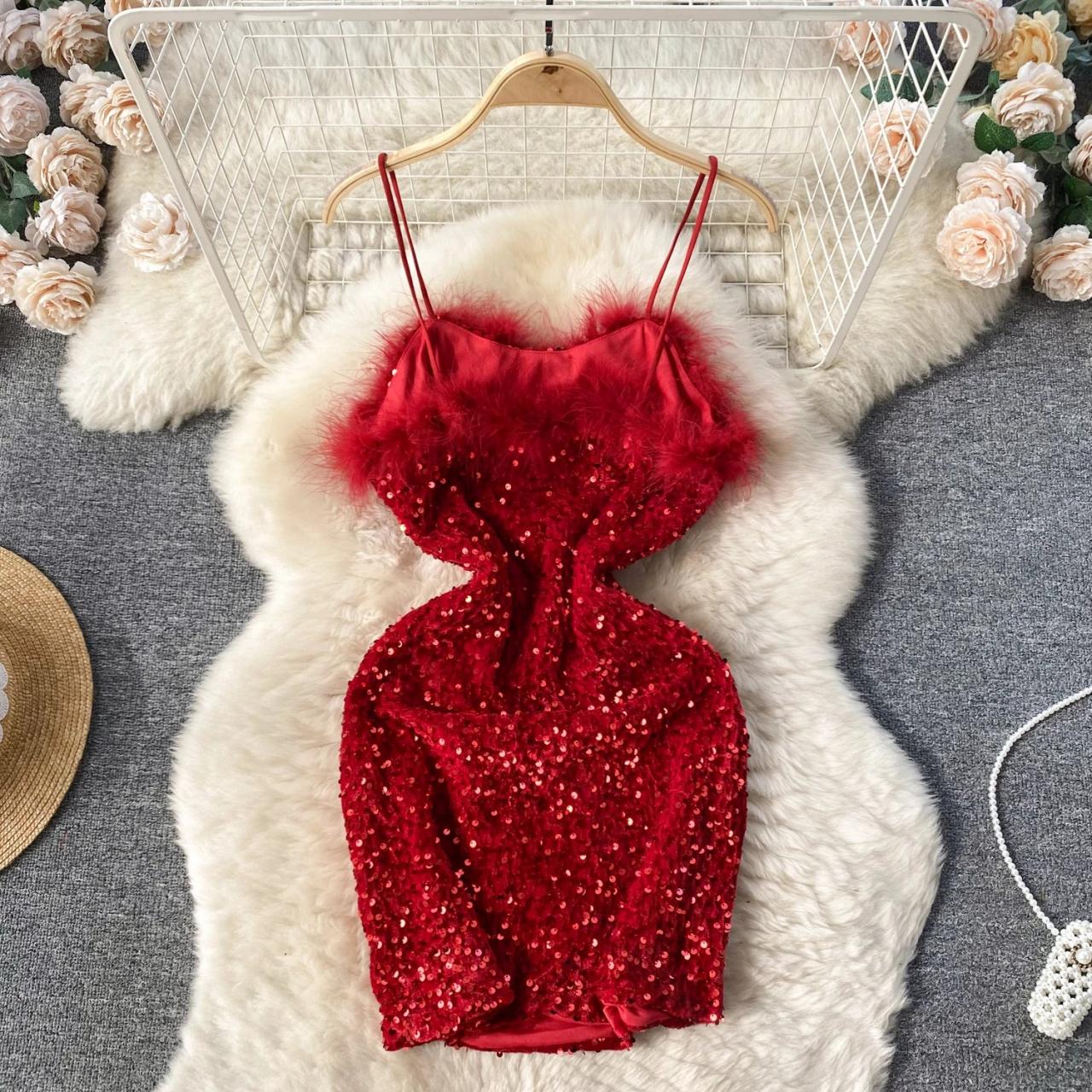 open lace back dress Red Sequin Feather Strapless Slit Long Train Prom Dress, Dress Only main image 0