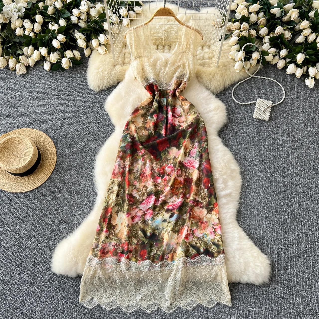 Floral Lace Trim Vintage Sleeveless Maxi Dress on Luulla