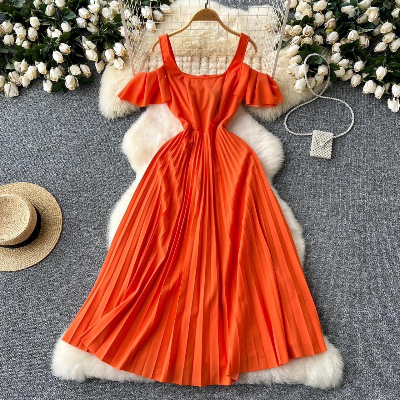 Orange pleated dress hotsell