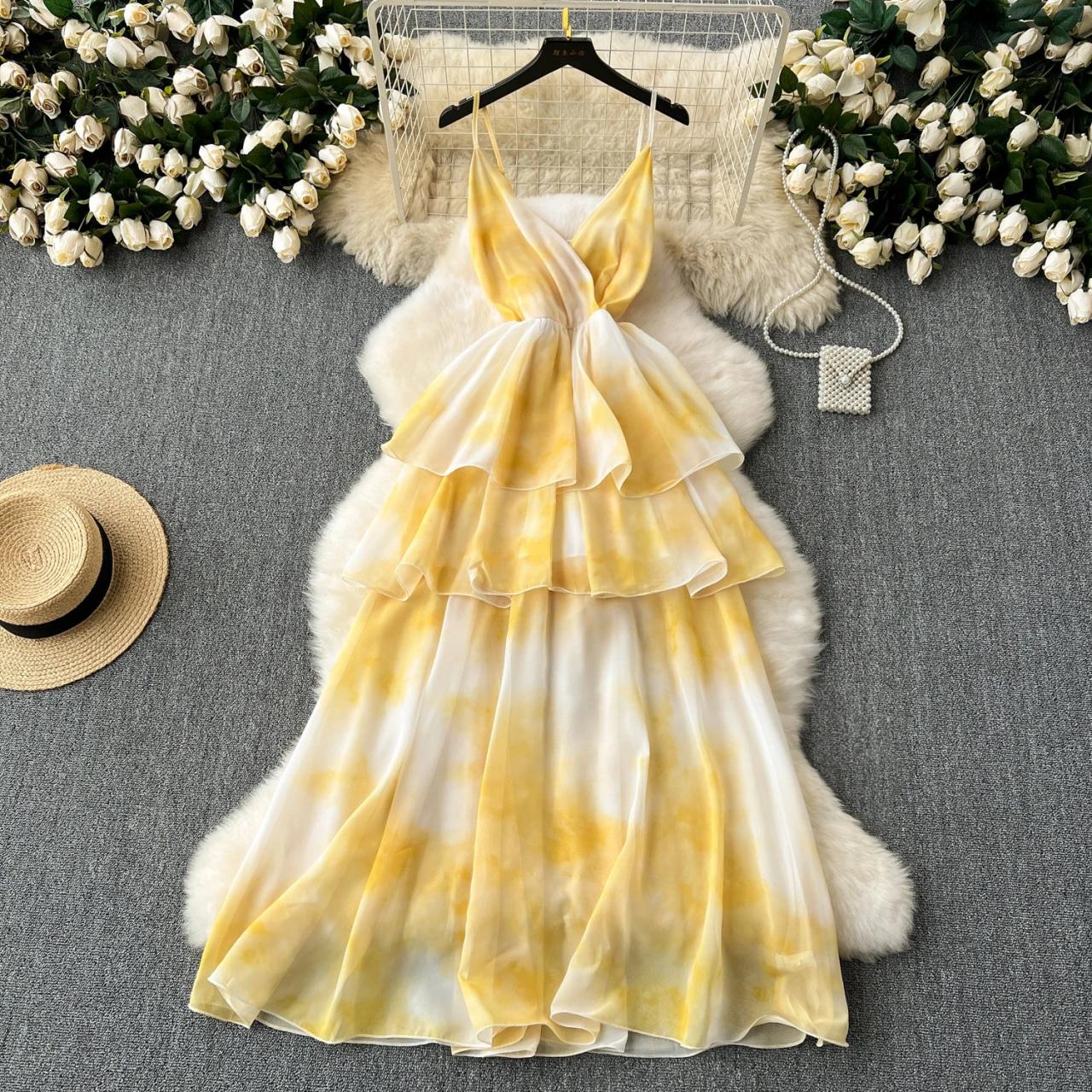 Elegant Yellow Tie-dye Layered Maxi Dress on Luulla