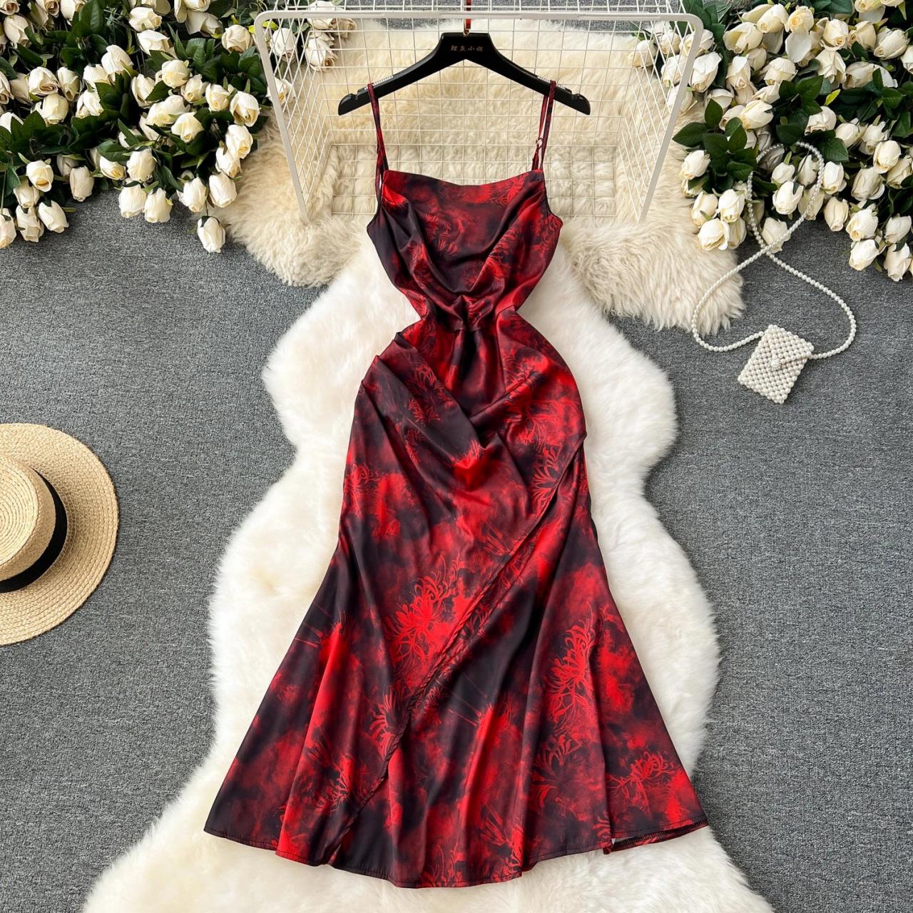 Red satin floral dress cheap