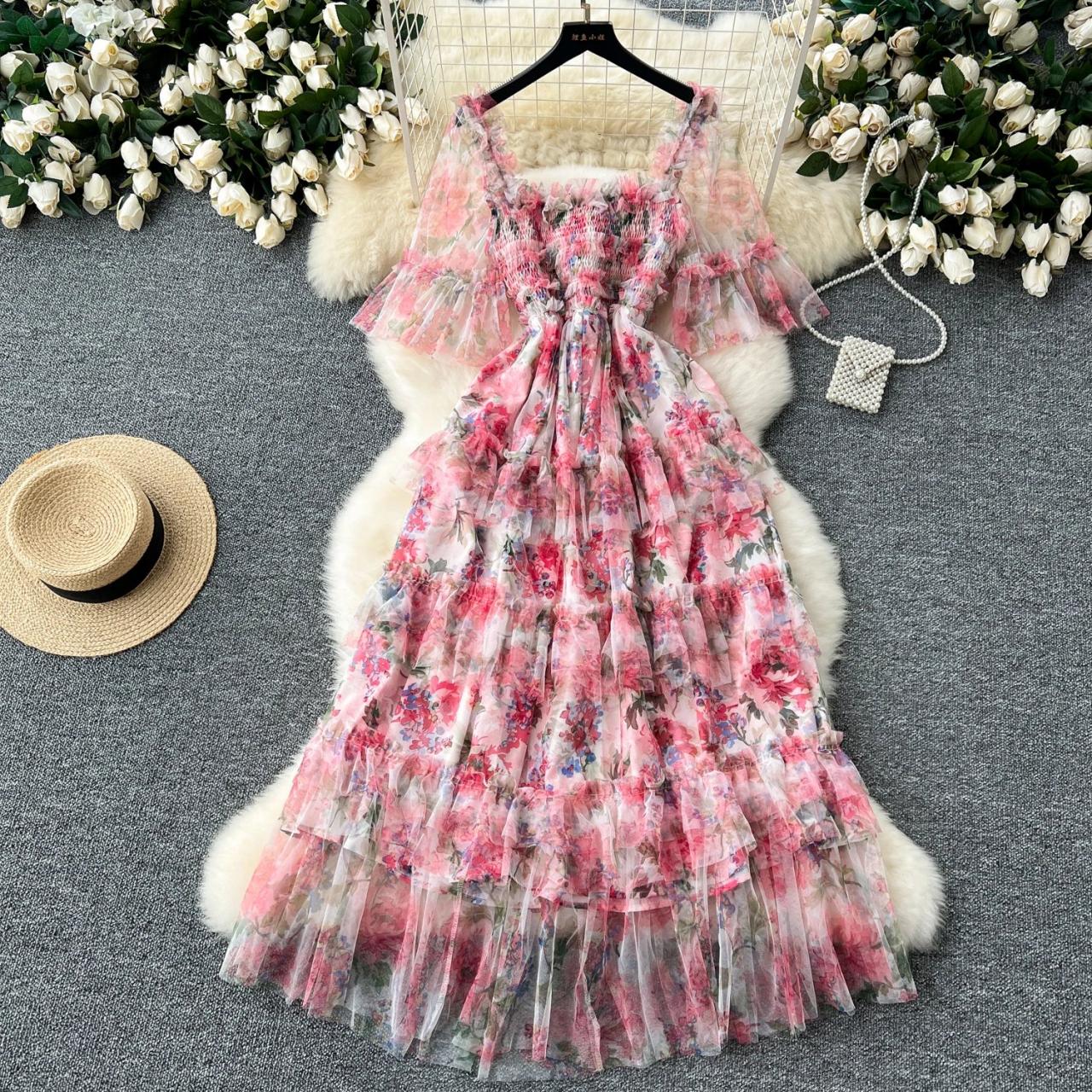 Floral Chiffon Ruffle Maxi Dress With Sleeves on Luulla
