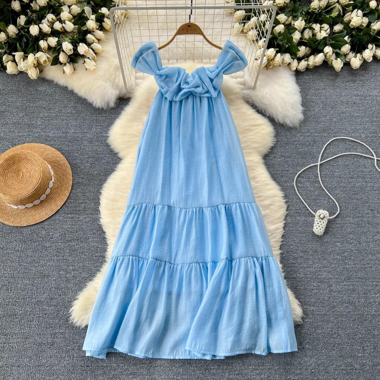 blue off the shoulder summer dress Dreamers & Lovers Off-Shoulder Maxi Dress Powder Blue main image 0