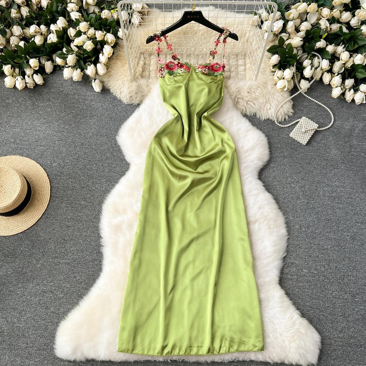 slim fit dress slacks Green Satin Floral Print Maxi Dress