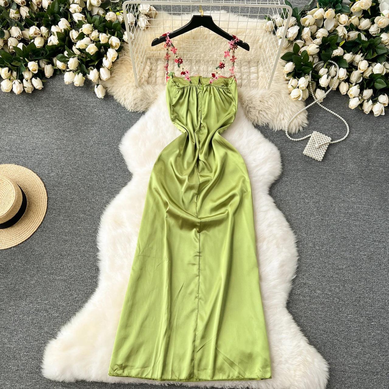 Elegant Floral Embroidered Straps Green Satin Dress on Luulla