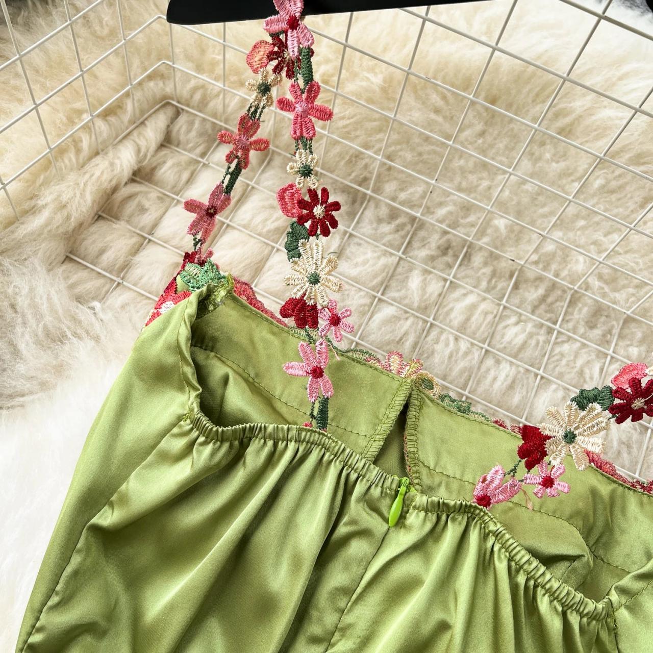 Elegant Floral Embroidered Straps Green Satin Dress on Luulla