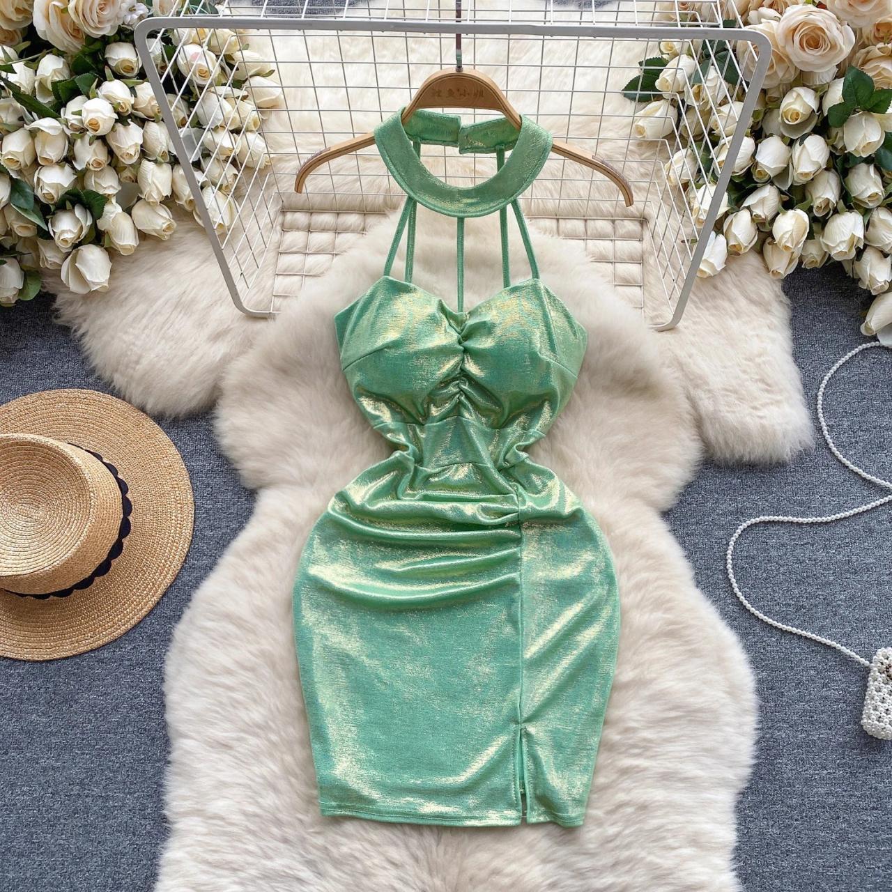 slim fit dress slacks Evangeline Green Sequin Halter Maxi Dress main image 1