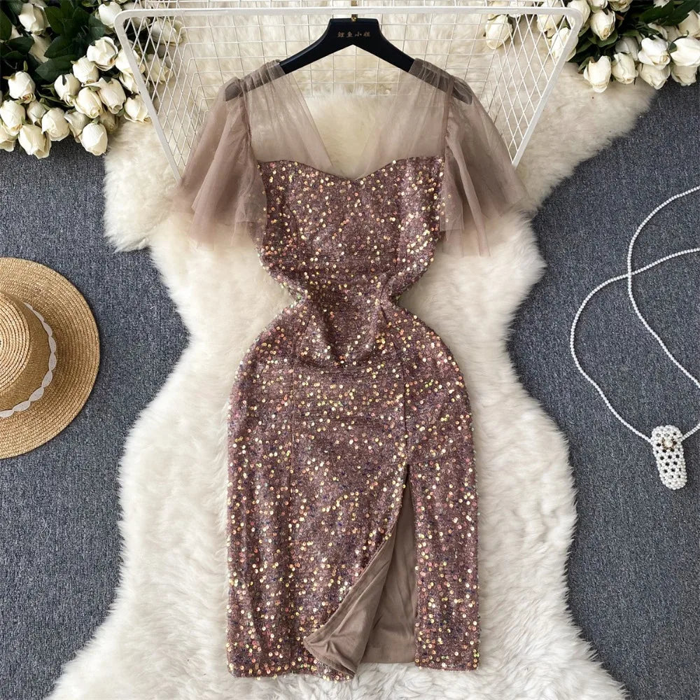 knee length dresses for ladies Isabel Crystal Embellished Mesh Long Sleeve Maxi Dress main image 1