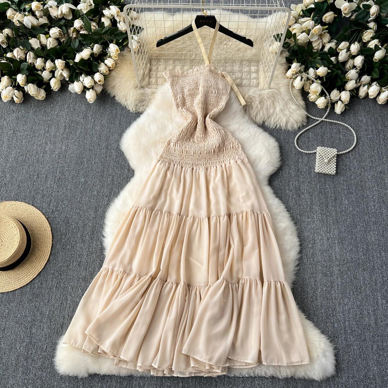 Elegant Halter Neck Beige Maxi Dress on Luulla