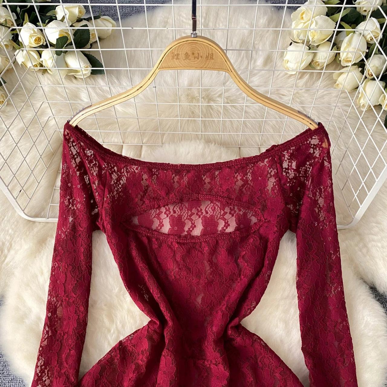Elegant Burgundy Long Sleeve Lace Dress