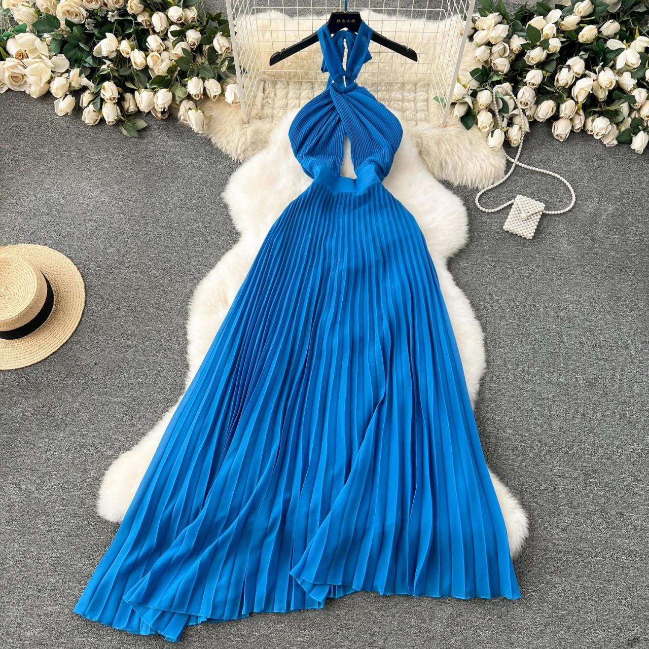 open lace back dress Elegant Halter Red Pleated Deep V-Neck Open Back Tie-Up Satin Maxi Dress L / Red main image 1
