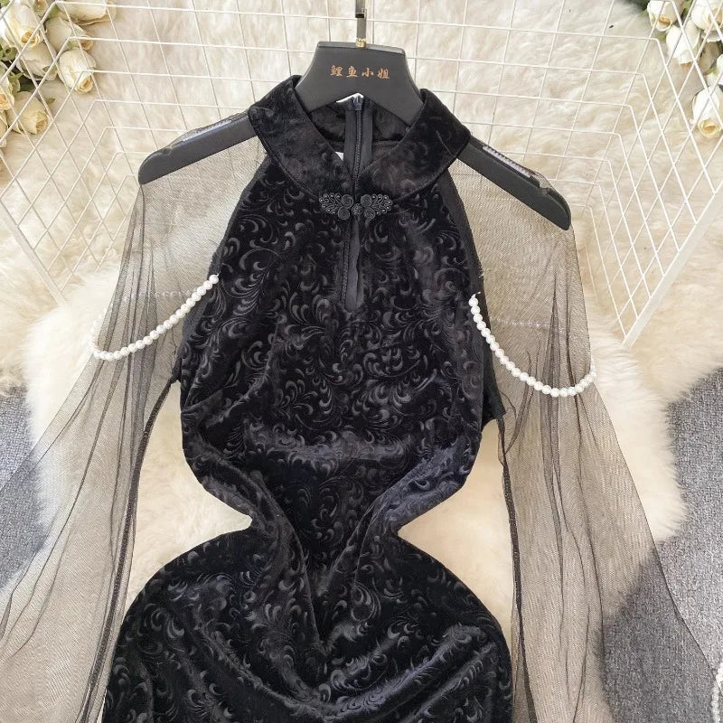 Elegant Black Velvet Dress With Sheer Sleeves on Luulla