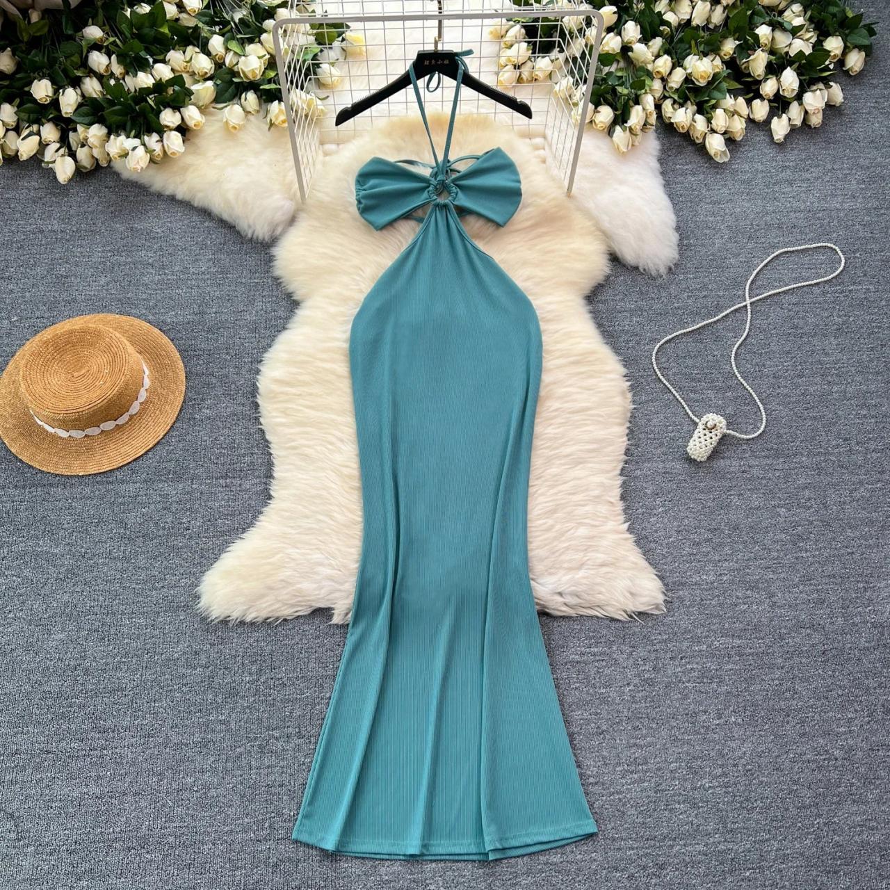 Elegant Teal Halter Neck Maxi Dress
