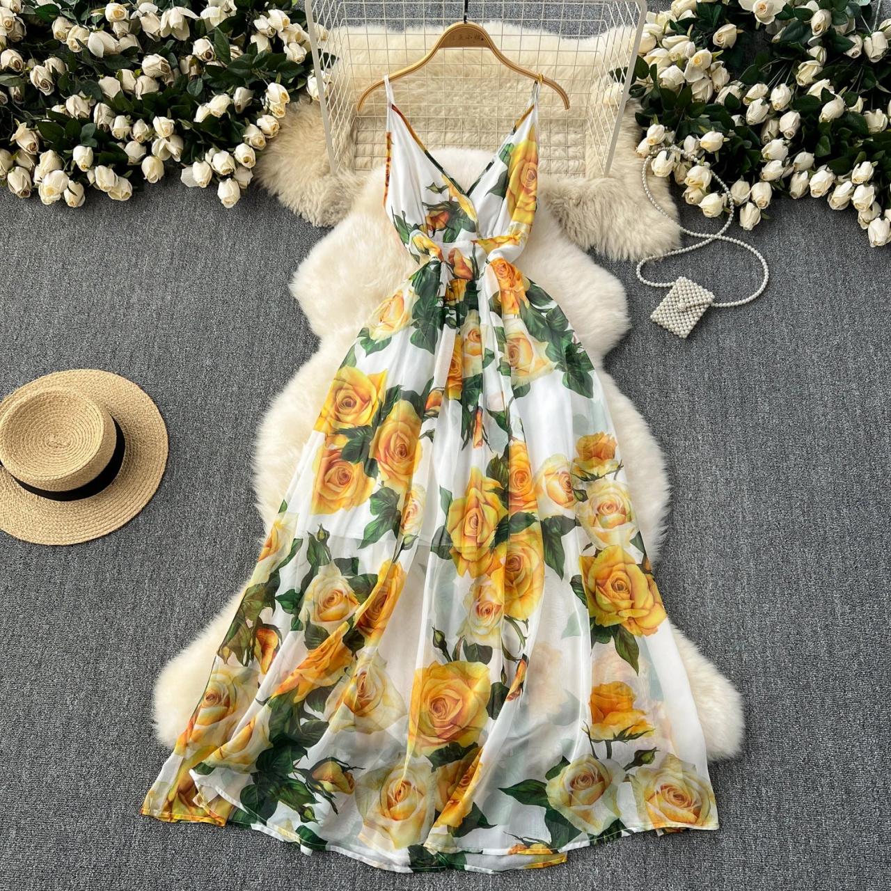 Elegant Floral Maxi Dress With Yellow Roses Pattern on Luulla