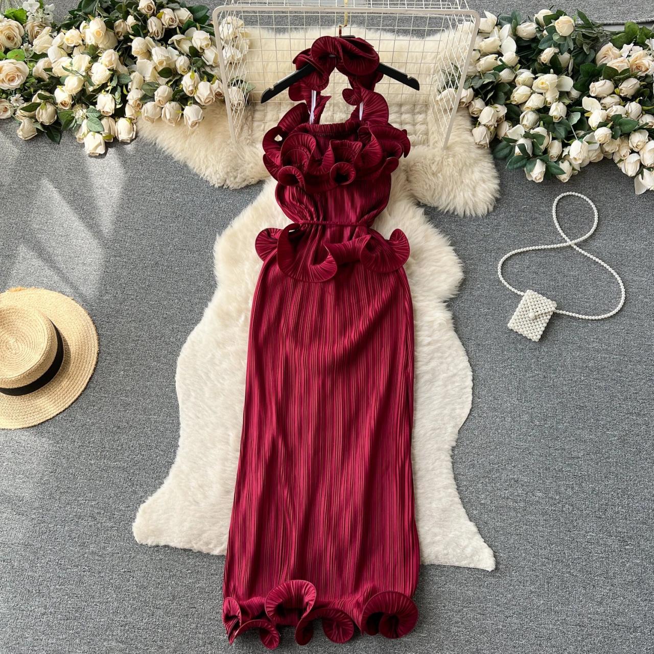 Elegant Red Ruffle Detail Evening Midi Dress
