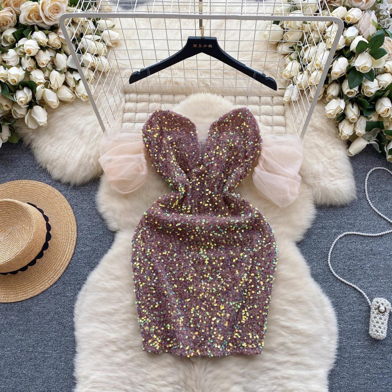 Glamorous Sequin Strapless Mini Dress With Sleeves