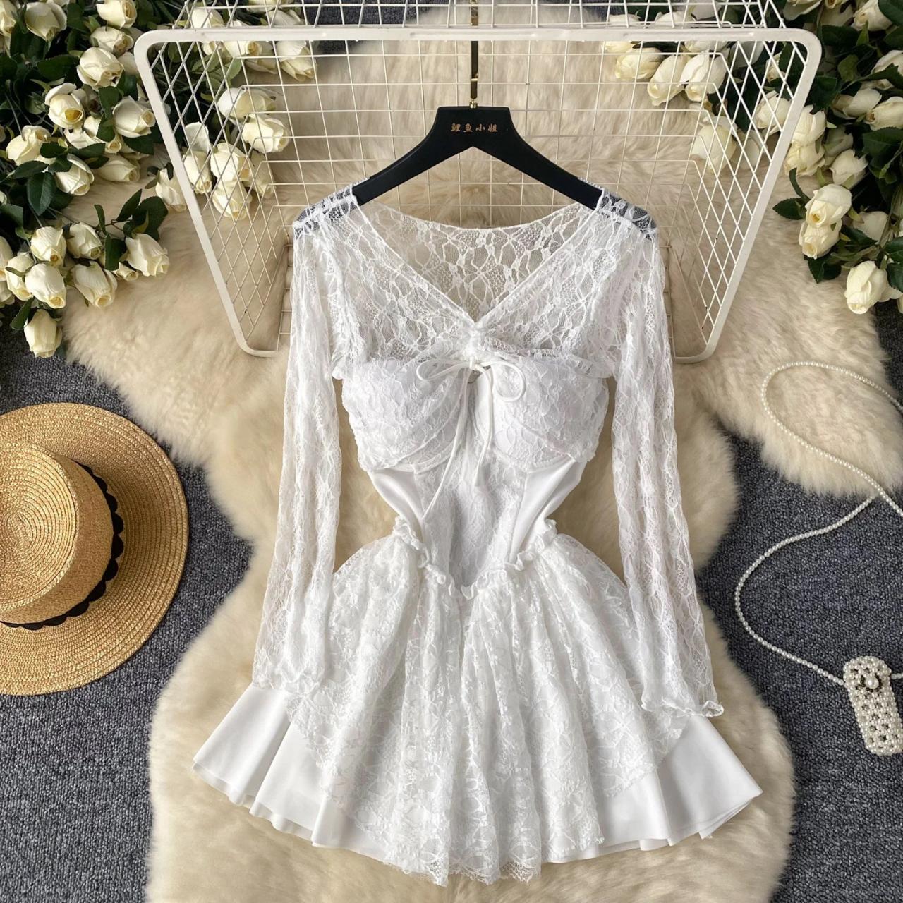 knee length dresses for ladies Princess Polly Women's Aubriella Lace Long Sleeve Minidress - White main image 1