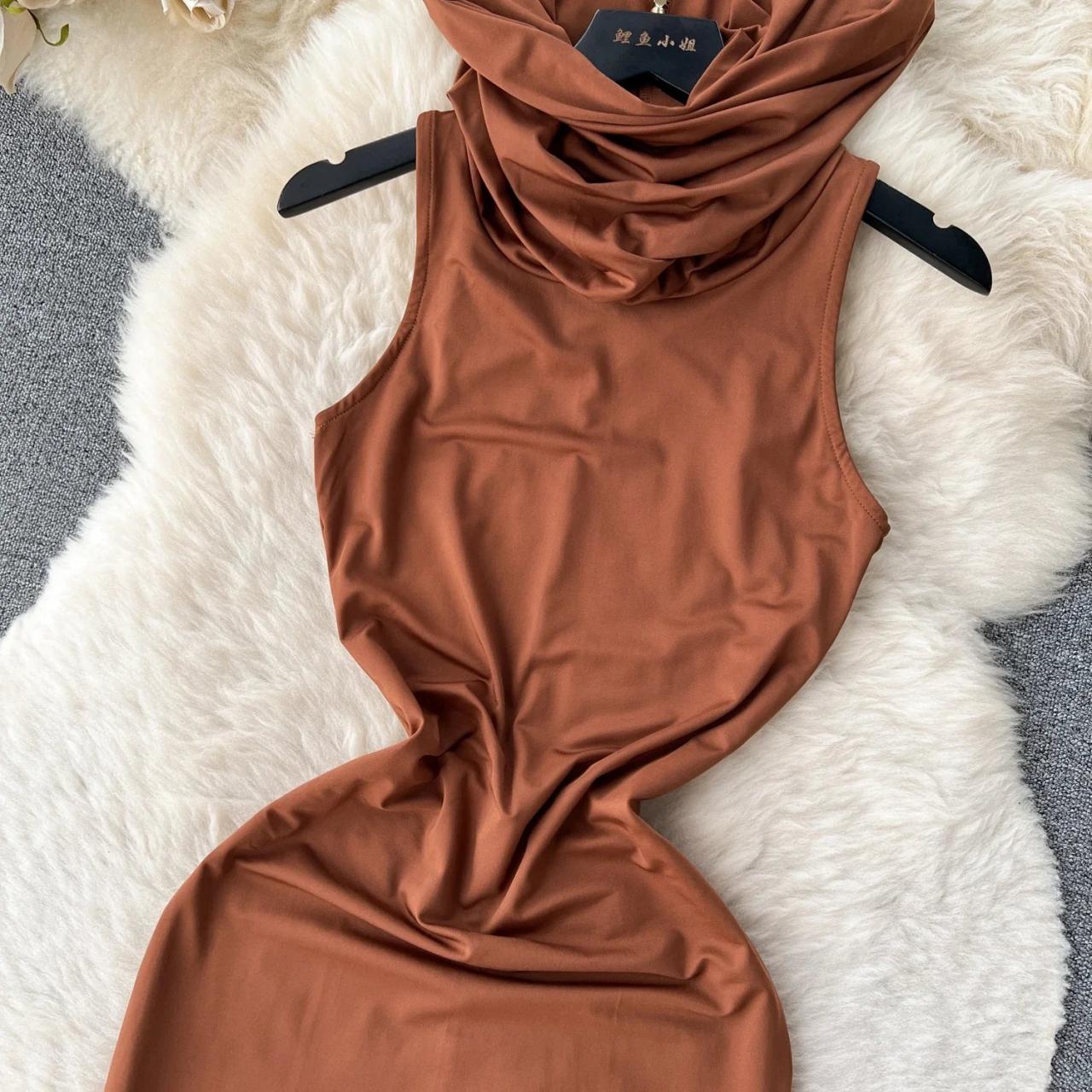 brown sleeveless turtleneck dress Camel Fuzzy Knit Sleeveless Turtle Neck Midi Dress