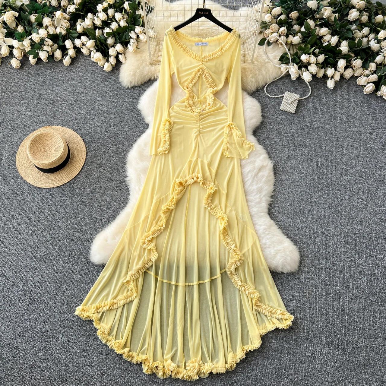 fitted lace wedding dress Inara Yellow Ruffle Maxi Dress - 4