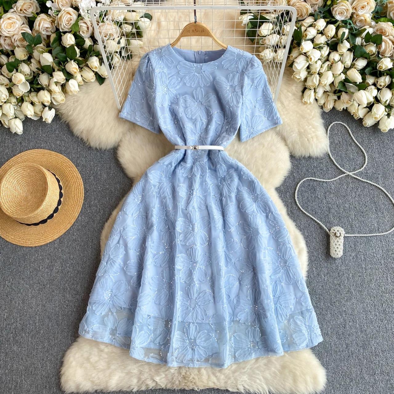Blue and White Floral Lace Midi Dress with Matching Fascinator Floral Lace Cutout Long Sleeve Midi Dress on Luulla main image 4