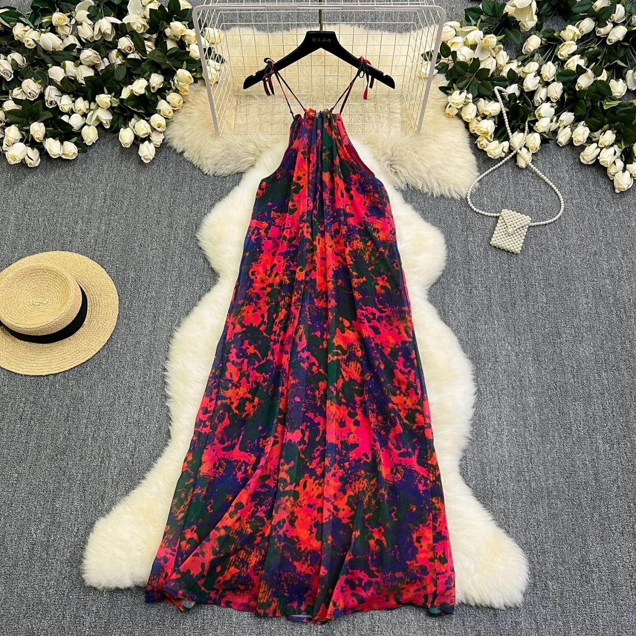 knee length dresses for ladies Bold Floral Sleeveless Spaghetti Strap Maxi Dress Sundress