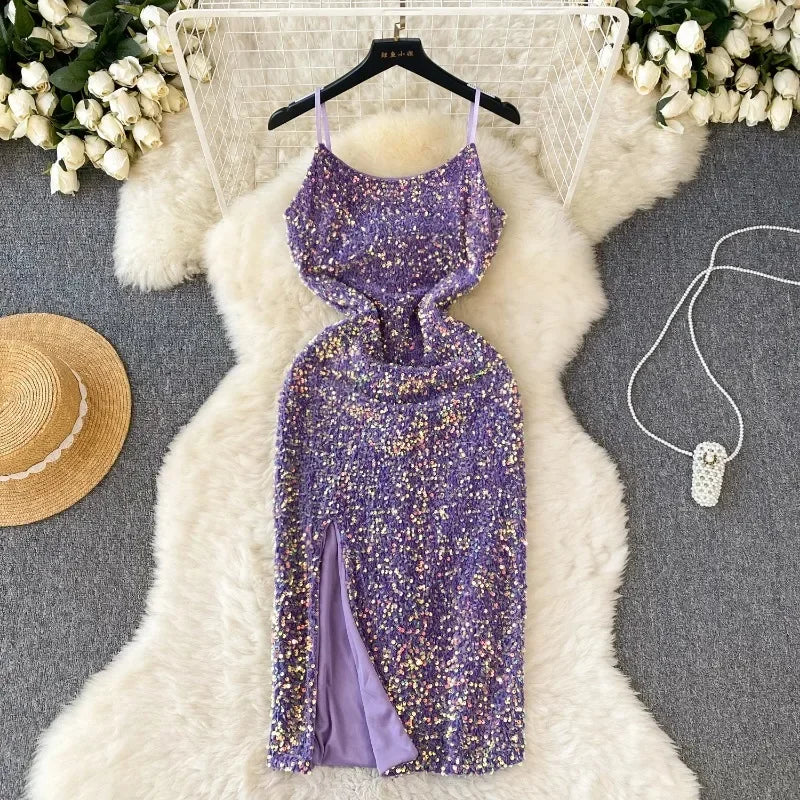 14280 Purple Draped Sequinned Dress
